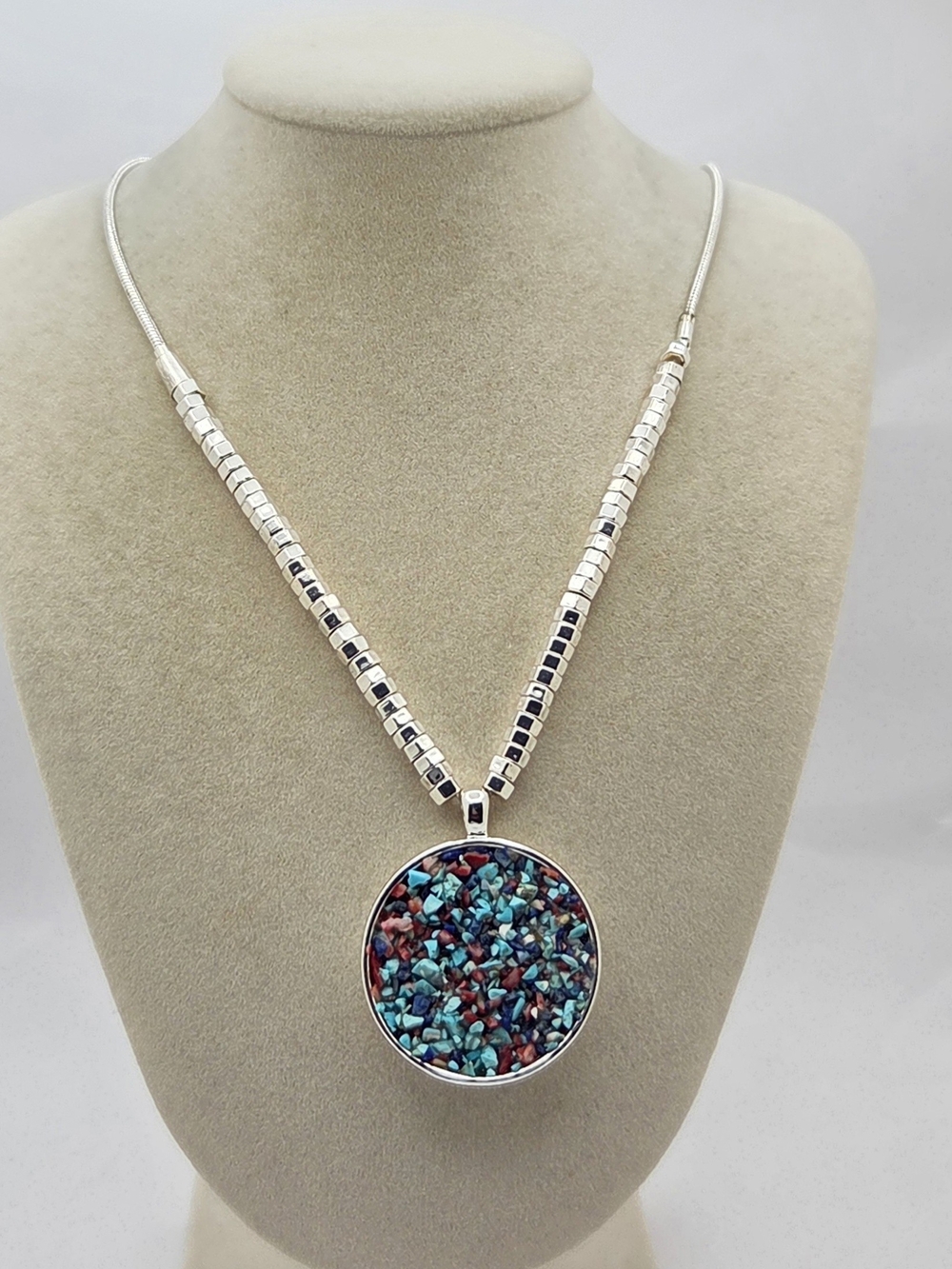 Kenneth Cole Silver Tone Southwestern Mosaic Pendant Necklace 21"